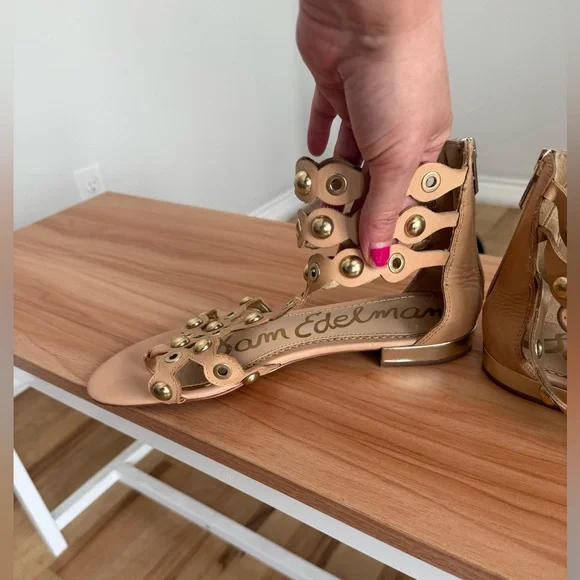 Sam Edelman Tan & Gold Metal Detail Boho Eclectic Desi Gladiator Sandals - Picture 7 of 13